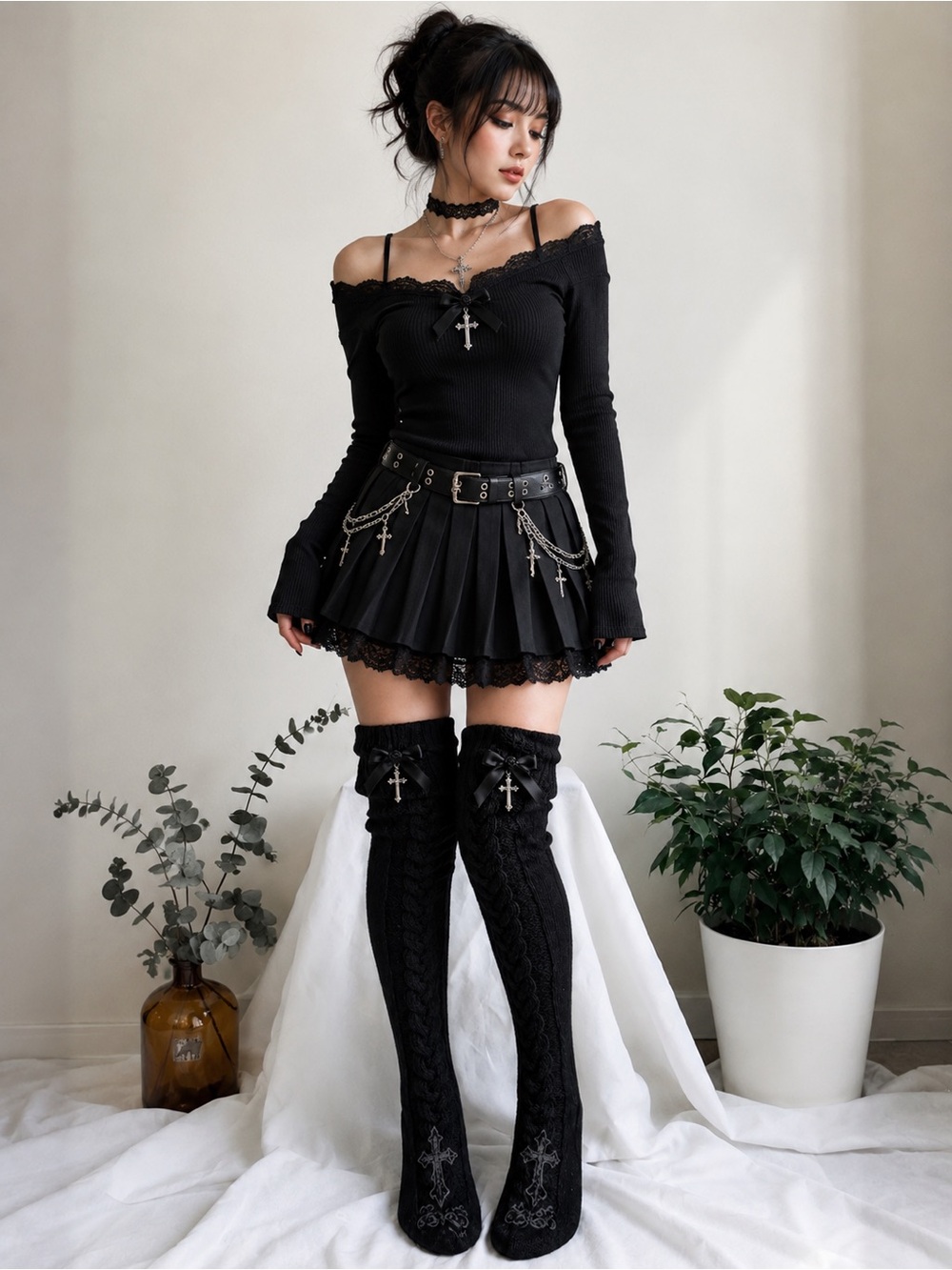 Black Cable-Knit Over-the-Knee Socks - Women's Hosiery